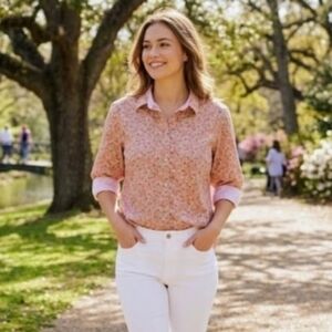 CHAPS Pink Paisley Blouse with Contrasting Cuffs size 1X